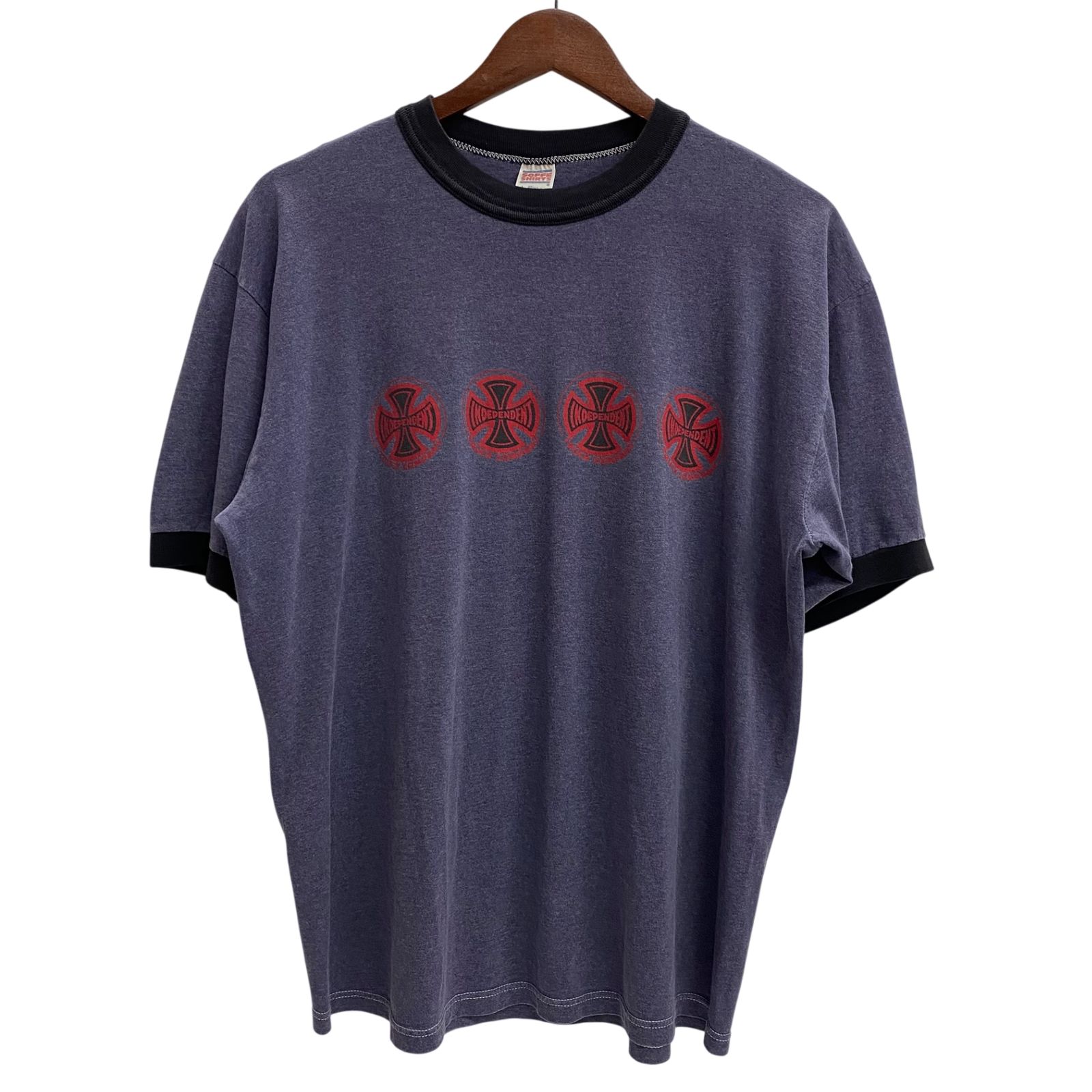 インディペンデント INDEPENDENT 80's 90's USA製 アイアンクロス4連 両面プリント リンガーT Tシャツ パープル XLサイズ 201MT-6497 VB