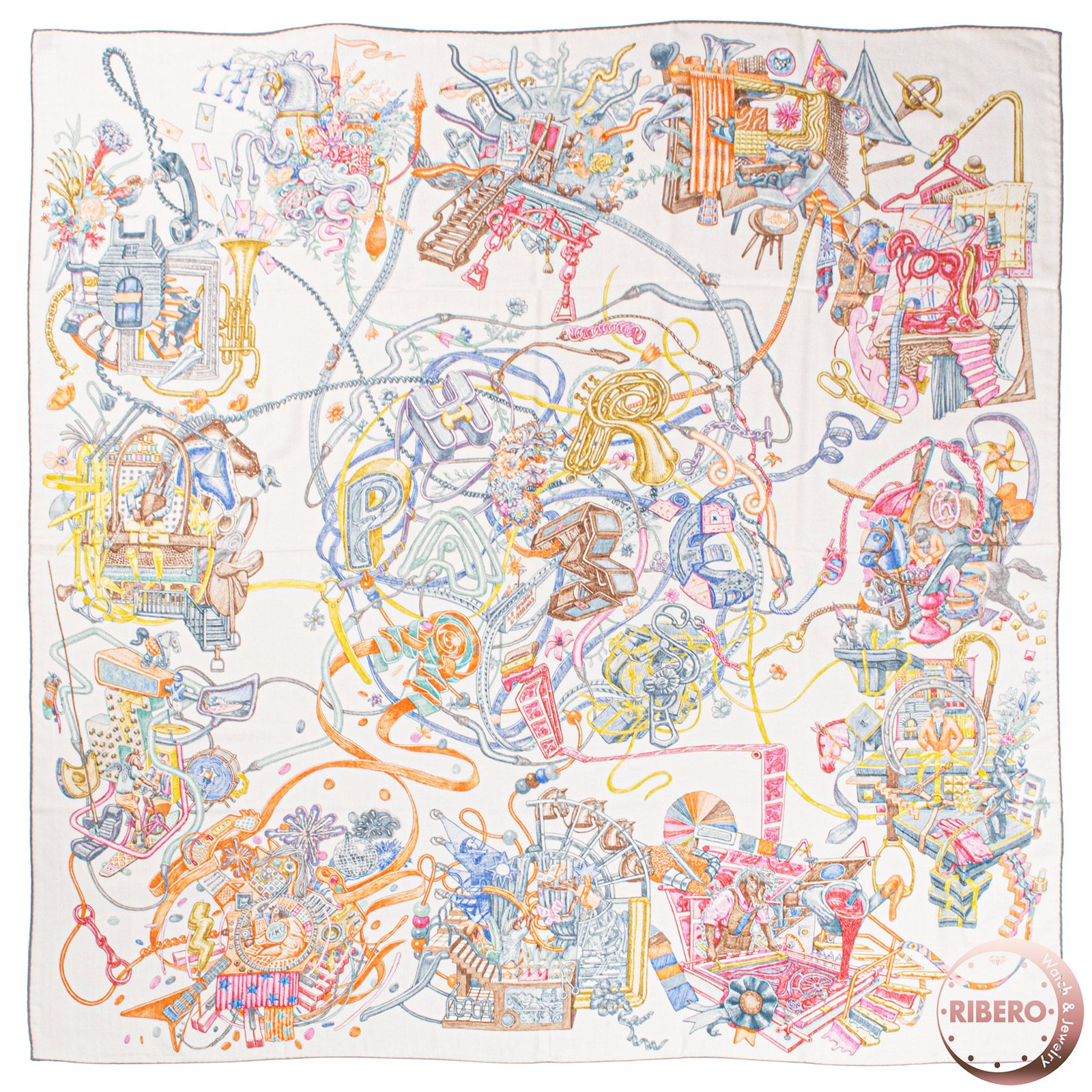 HERMES エルメス スカーフ カレ140 カレジェアン Le Monde d'Hermes エルメスの世界 244230S 11 カシシル ストール ショール カシミヤ・シルク ホワイト マルチカラー【中古】