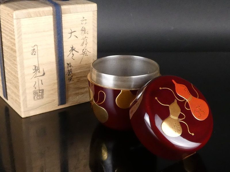 細川司光 作「六瓢蒔絵 大棗」内銀地 共箱 木製 保証品 茶道具 /R478(tn13)