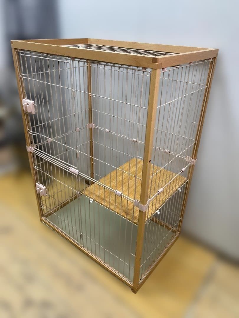 猫用 ペットケージ 2段タイプ 木製フレーム ワイヤーケージ 棚板 トレー付き 約幅85×奥行55×高さ120cm 室内保管 ほぼ未使用　137226-1-004