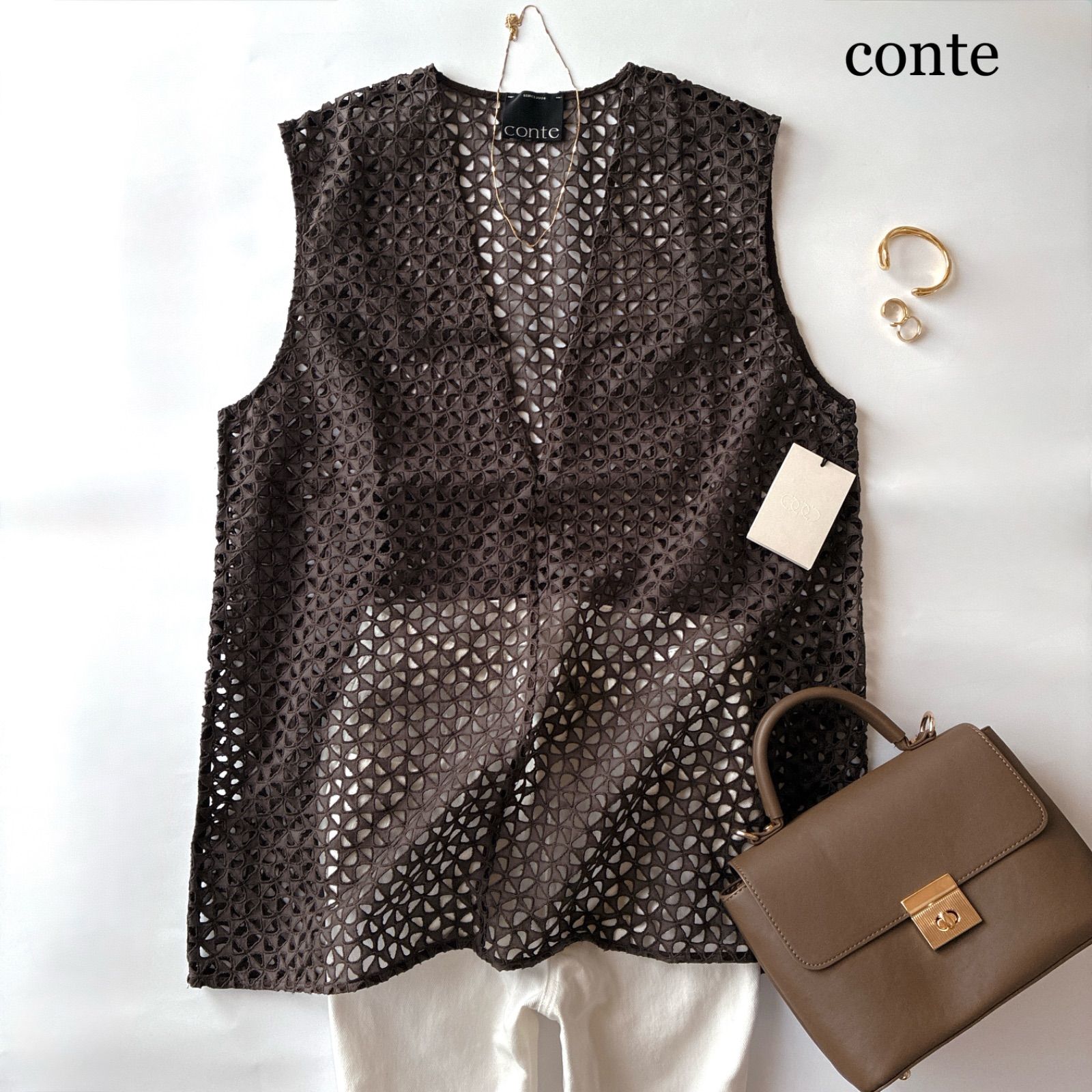 タグ付 25SS conte エンブロイダリー レース ディープVネック ベスト / ブラウン ダークブラウン フリーサイズ / コンテ 近年モデル レースベスト 辺見えみり