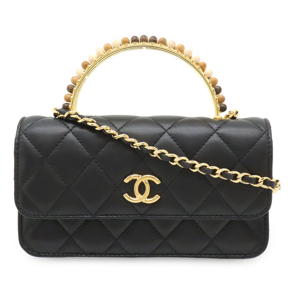 CHANEL シャネル マトラッセ ココマーク トップハンドル パールウッド ハンドバッグ 2WAY チェーンショルダーバッグ レザー ブラック ゴールド金具