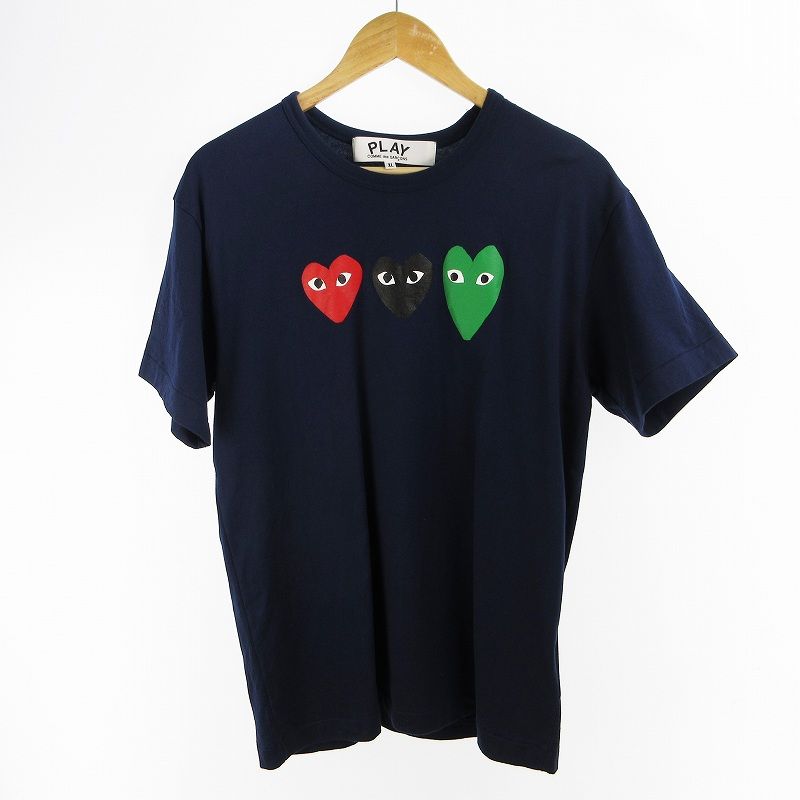 プレイコムデギャルソン PLAY COMME des GARCONS AD2026 XL Tシャツ 半袖 AZ-T186 3連 ハート プリント ネイビー 紺 コットン Cotton Jersey Print/Red X Black X Green Navy