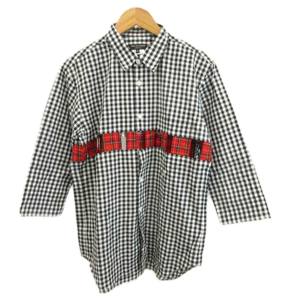 コムデギャルソンオムプリュス COMME des GARCONS HOMME PLUS 2011SS 長袖シャツ タータンチェック切替 シャツ XS 黒 ブラック 白 ホワイト ギンガムチェック柄 カットワーク 長袖 PGーB049 /SH