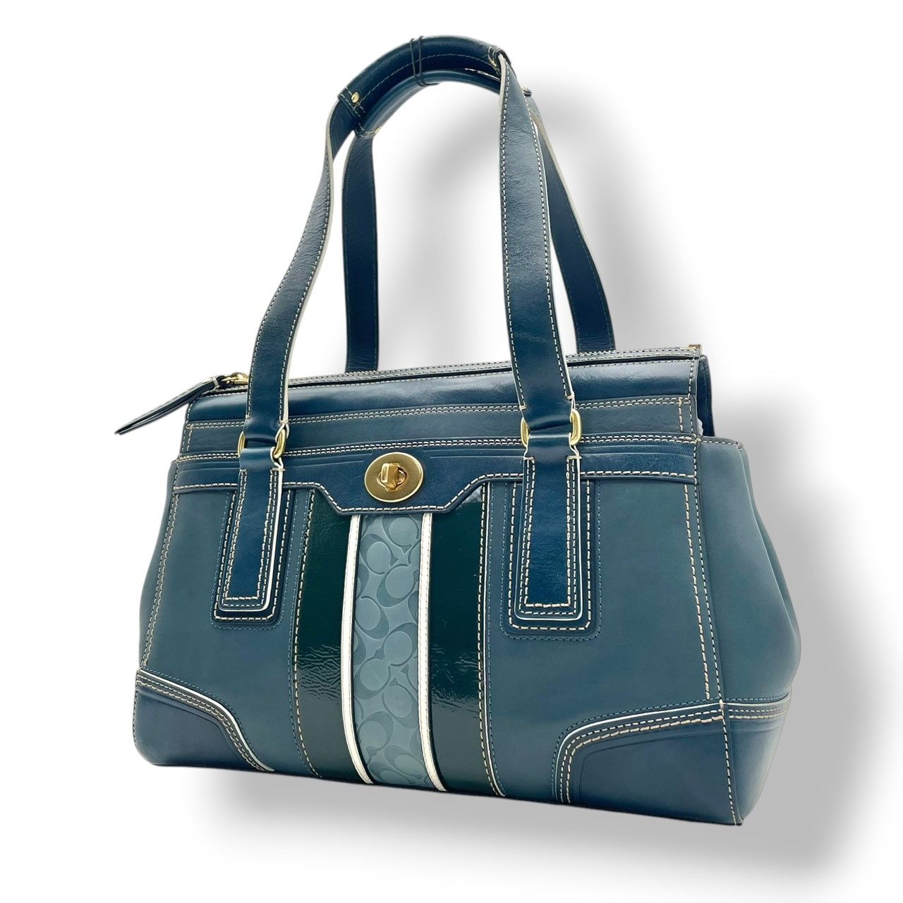 [Good Condition] Coach Signature Turnlock Carryall Medium Tote Bag Handbag Leather Genuine Leather Blue Blue Gold Hardware Elegant Classic Stylish Casual Daily Commuting to Work or School, Women, Popular 11609 S66