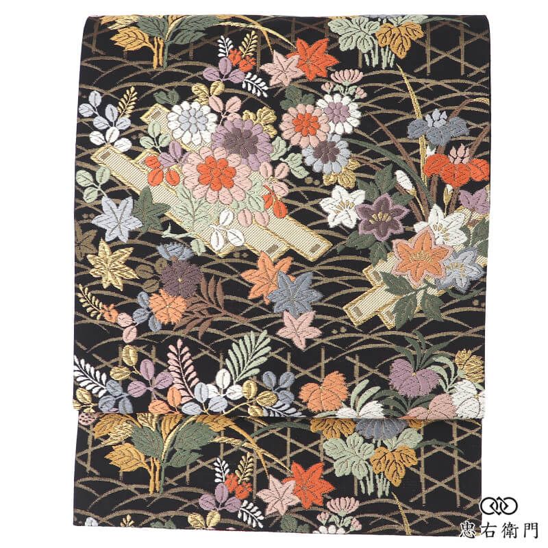 唐織 袋帯 フォーマル 正絹 六通柄 黒 花筏 草花 四季の花 上品 長さ429cm 幅30.5cm 結婚式 式典 パーティ お祝い 仕立て上がり帯 レディース 女性用 着物 送料無料 即日発送