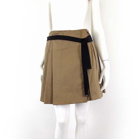 プラダ PRADA 2026年 現行モデル ギャバジン プリーツ ミニスカート Gabardine Mini skirt P193IC ウエストリボン S 36 コルクベージュ 黒 国内正規品 美品