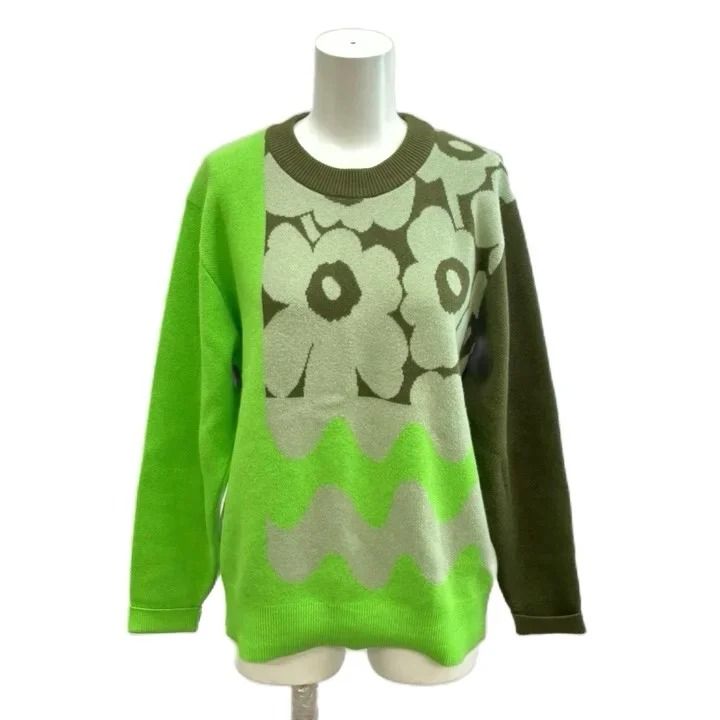 マリメッコ marimekko 富永航 コラボレーション Sinirinta ニット プルオーバー XS ライトグリーン ブラウン クルーネック 長袖 ウール ウニッコ柄 52219-1-90051 /RY ■GY19