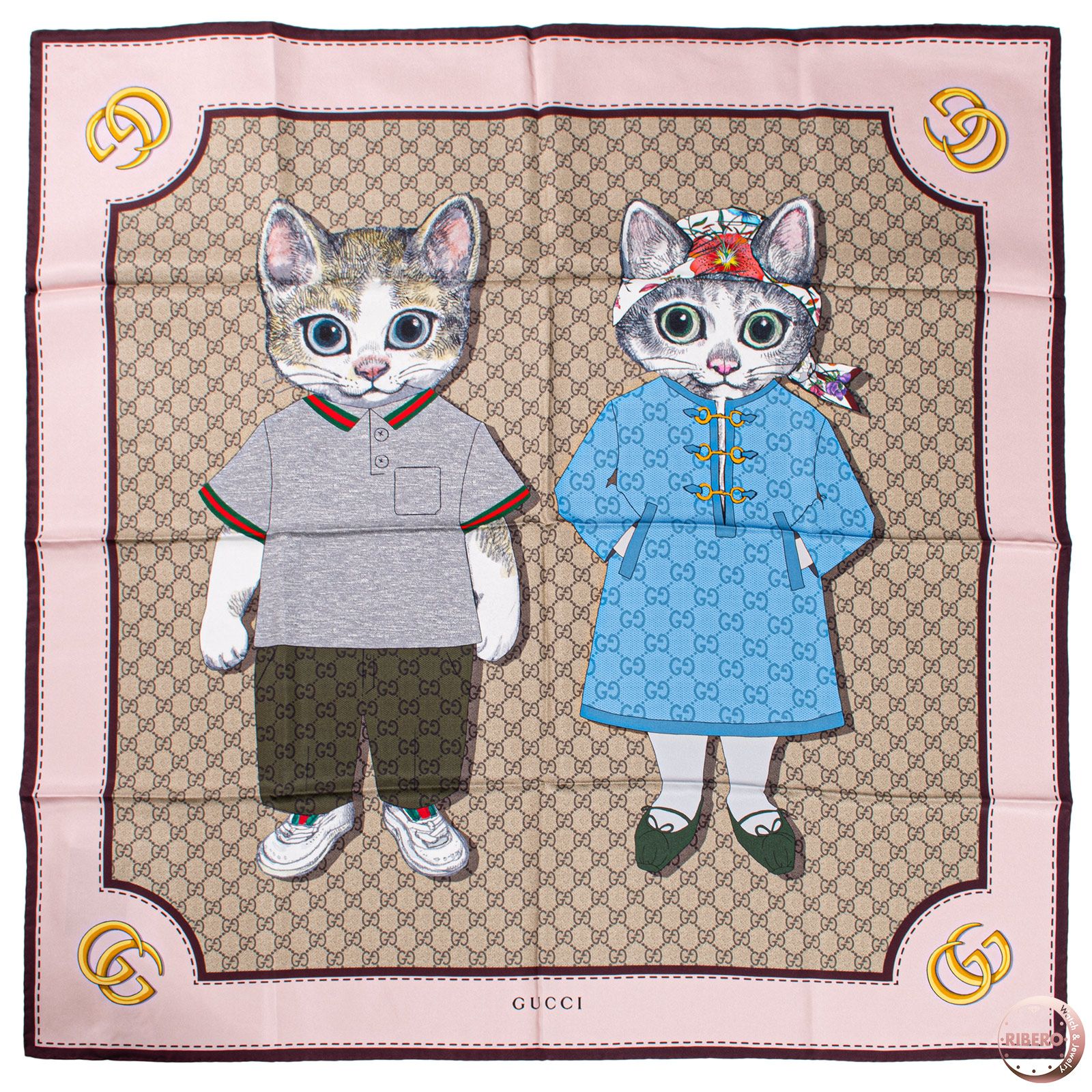 GUCCI グッチ プリント シルク スカーフ BO & BORIS 848288 3G001 6172 ヒグチユウコ 日本限定 シルク ピンク ベージュ【中古】 44,040円