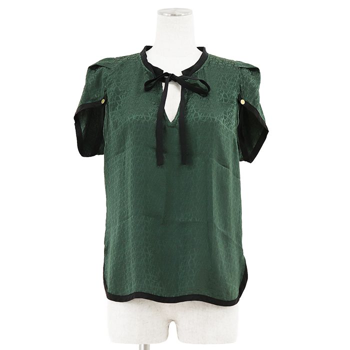 SALE【美品】LOUIS VUITTON ルイ・ヴィトン ブラウス サイズ 40 レディース 2012AW ロゴ モノグラム ジャガード リボンタイ プルオーバー ショートスリーブ 半袖 トップス モスグリーン ブラック 緑 黒 イタリア製