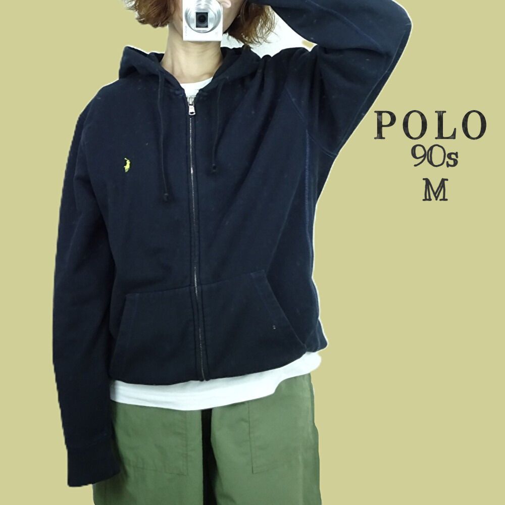 （a4）【リメイク】90s Polo by Ralph Lauren M ポロ バイ ラルフローレン 後染めブラック フーディーパーカー 裏起毛 ネイビー裏地つき 職人染め 輸入古着