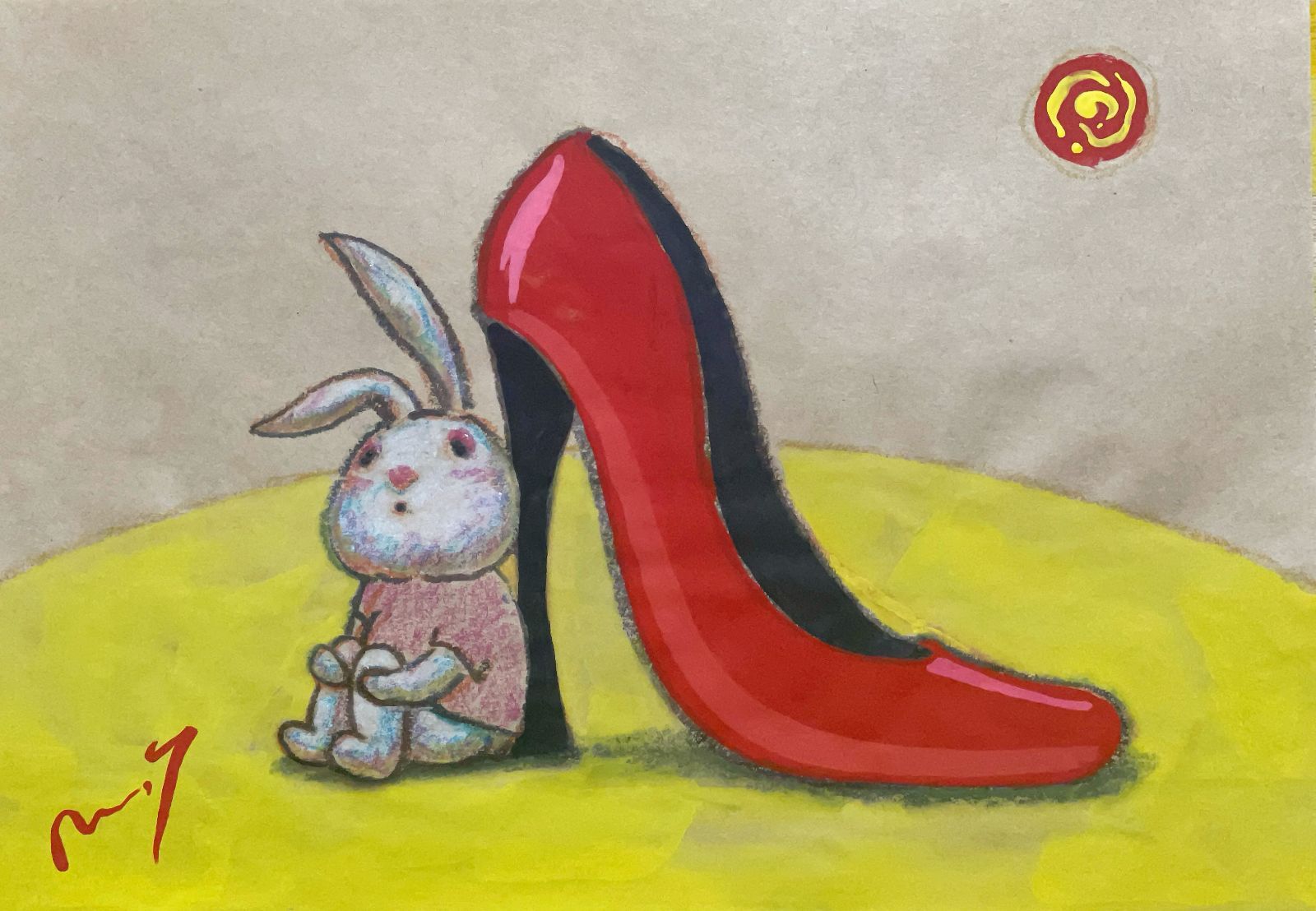 高野マナブ 原画｜[月と赤いハイヒールとウサギ] Drawing A4 アクリル 一点物 高野学 Manabu Takano 髙野學 Moon Sun Rabbit 月と太陽とウサギ Louvre Uffizi Japan 台湾 現代美術家 7,800円