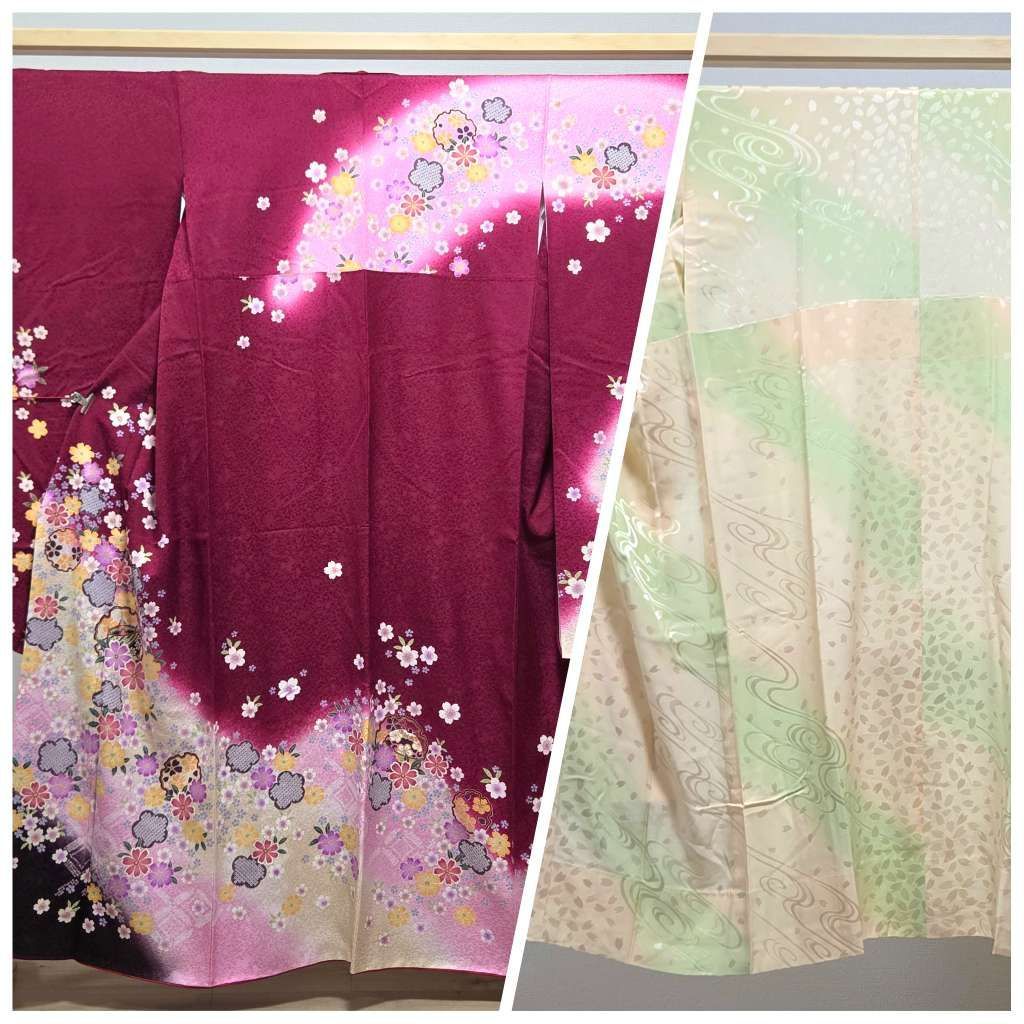 I◆着物くつろぎ 美品 振袖・襦袢セット やまと誂製 雪輪に花模様 金彩 暈し 赤色 糸巻き 桜 袷 正絹 振袖 着物 27,636円