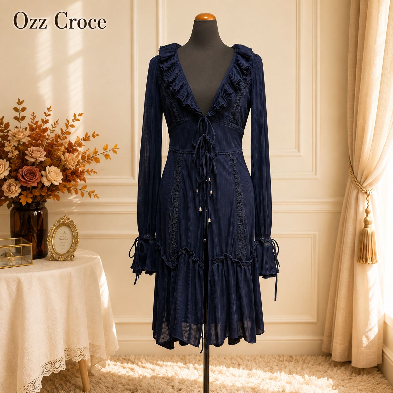Ozz Croce オッズクローチェ ワンピース風 カーディガン M相当 ネイビー フリル レース コルセット風 ゴシック