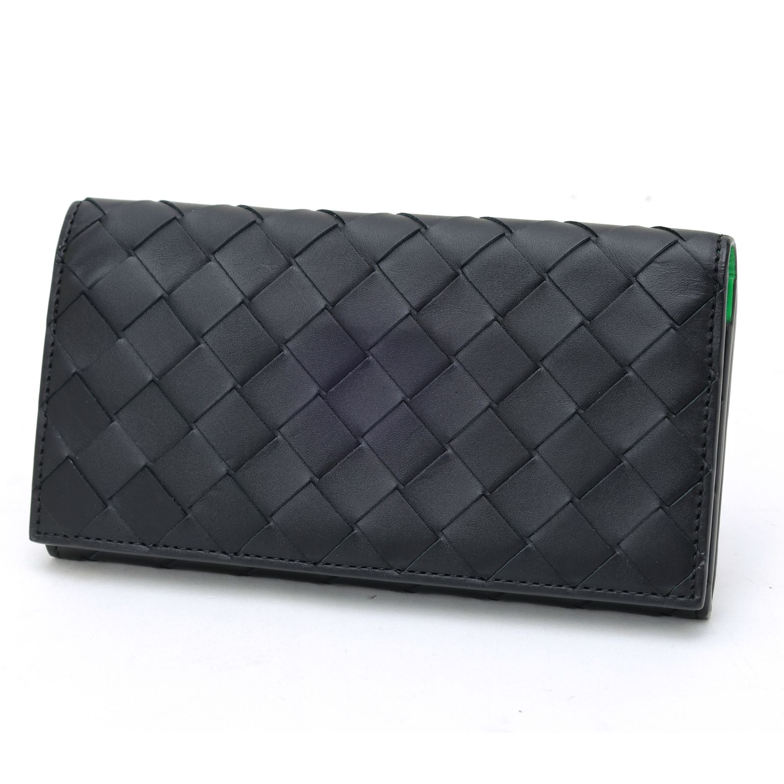 ボッテガヴェネタ / BOTTEGA VENETA　イントレチャート ロング ウォレット　749436　カーフレザー　ブラック/グリーン 【中古】