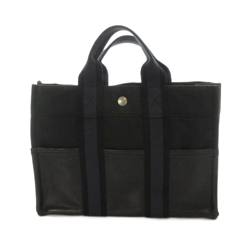 エルメス HERMES フールトゥ PM ハーフレザー ハンドバッグ トート ロゴ キャンバス レザー 黒 ブラック ■GY18 /MQ ■OH