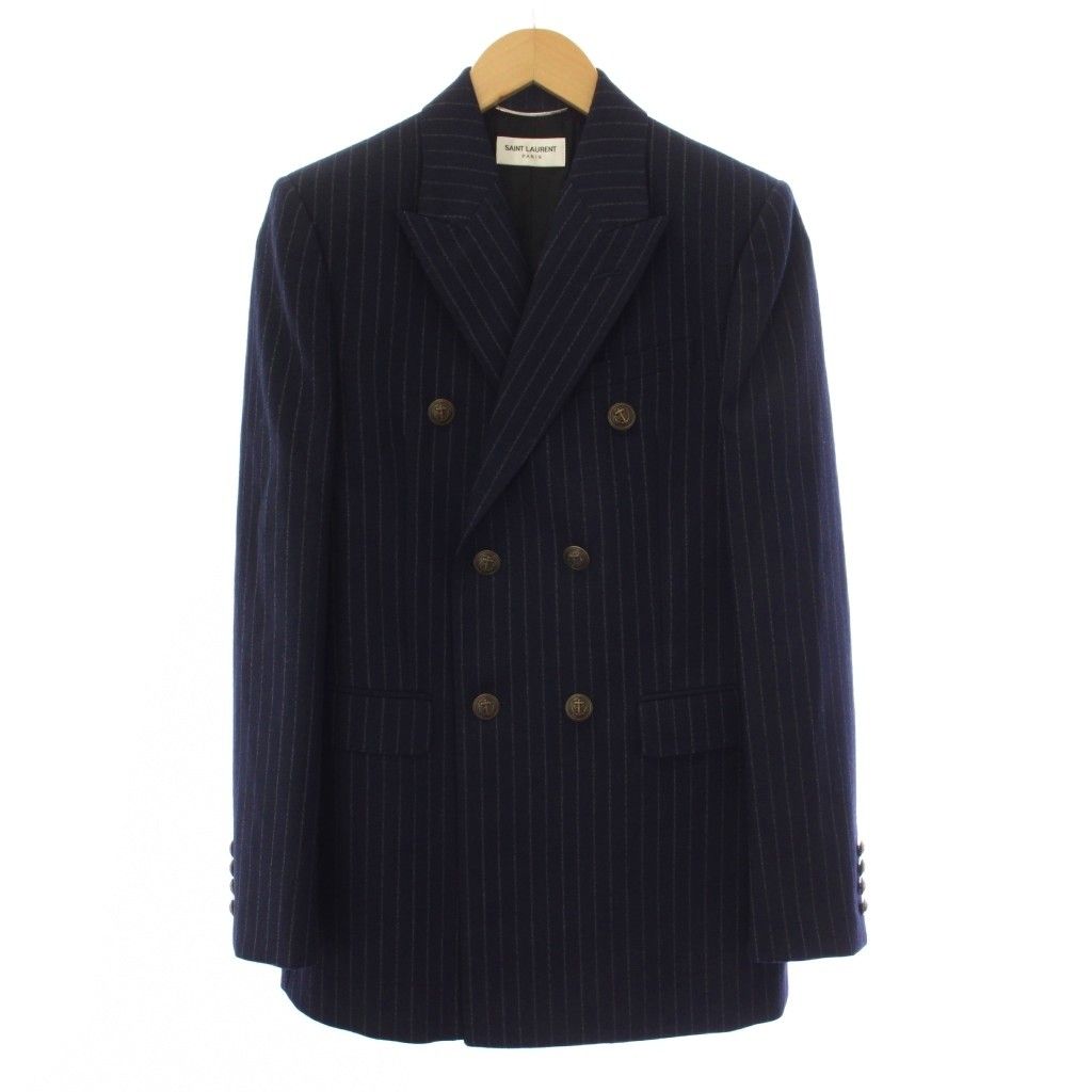 サンローラン パリ SAINT LAURENT PARIS 20AW テーラードジャケット ダブルブレスト 金ボタン ストライプ 紺ブレ ウール シルク 絹 42 紺 ネイビー 635549 /AN