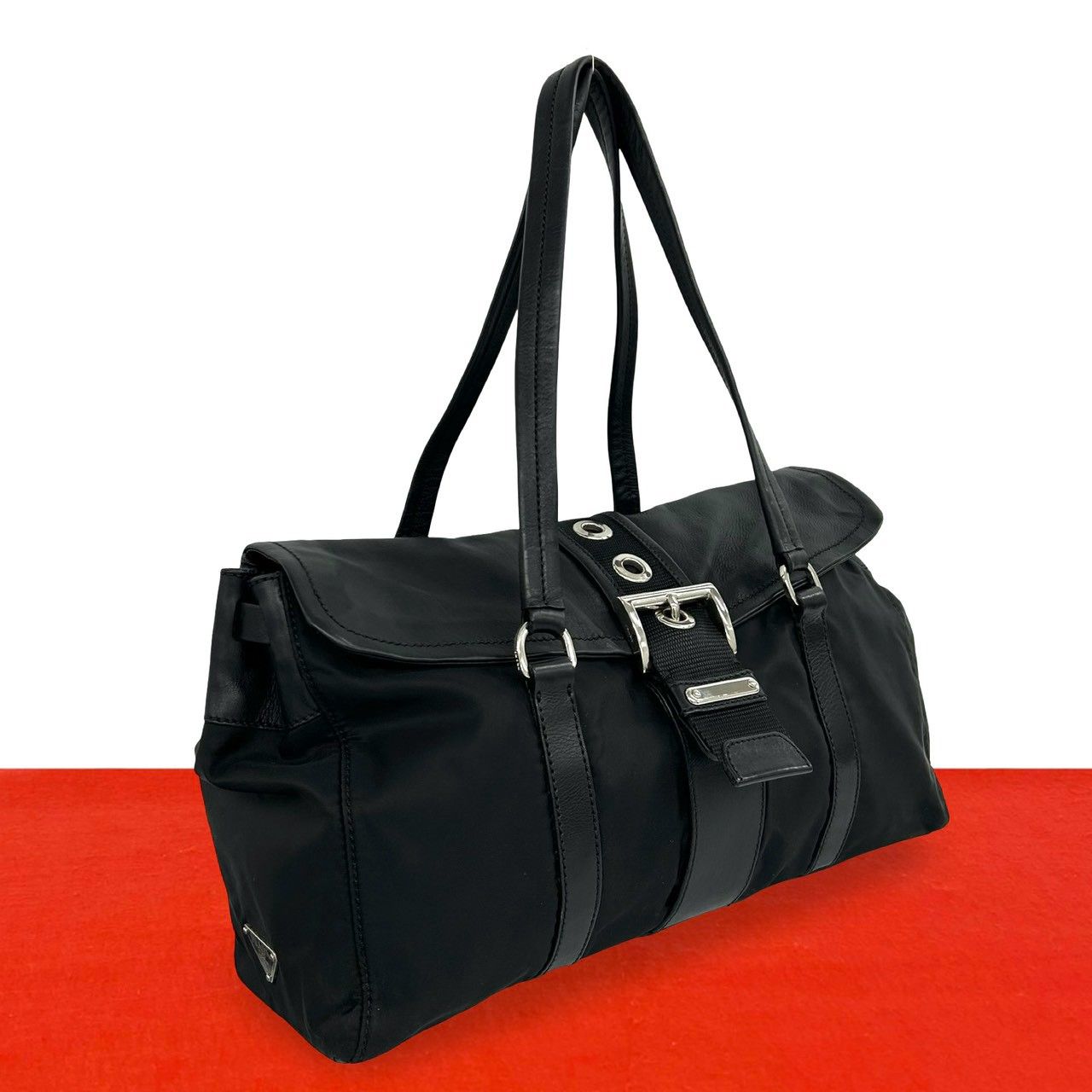 極 美品 PRADA プラダ 三角 ロゴ 金具 テスート ポコノ ナイロン レザー 本革 トートバッグ セミ ショルダーバッグ ブラック 06013 48,780円