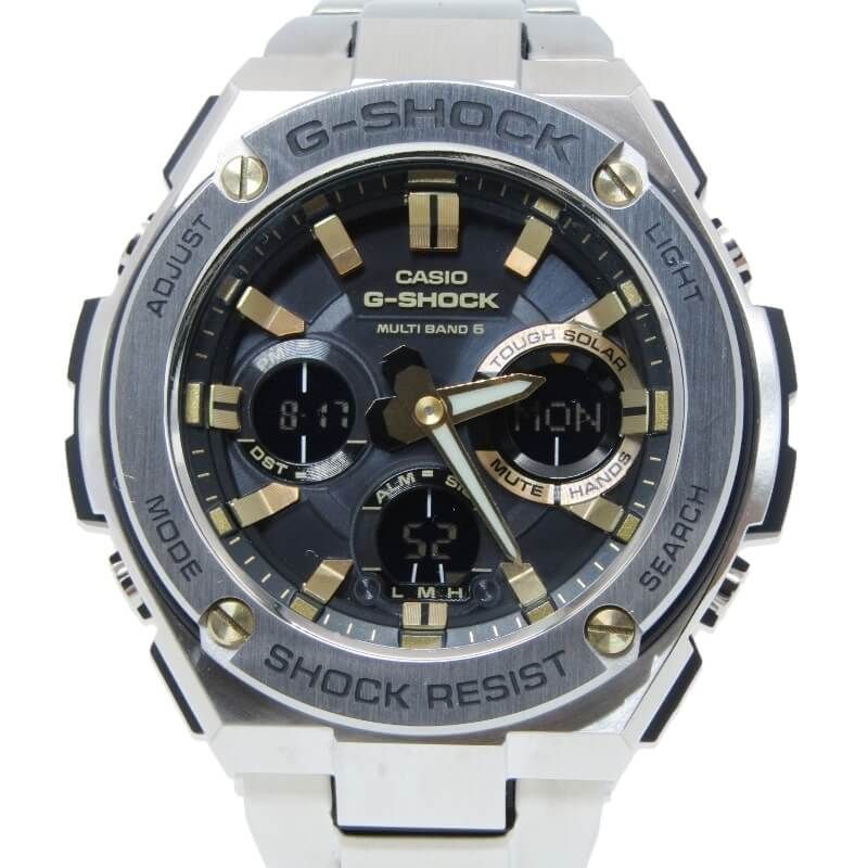 美品 CASIO G-SHOCK Gショック GST-W110D-1A9JF G-STEEL 電波ソーラー Gスチール 電波ソーラー アナデジ SS シルバー ブラック 28013279