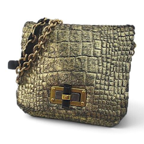 ランバン LANVIN チェーンショルダーバッグ メダルチャーム ゴールド レザー クロコ型押し