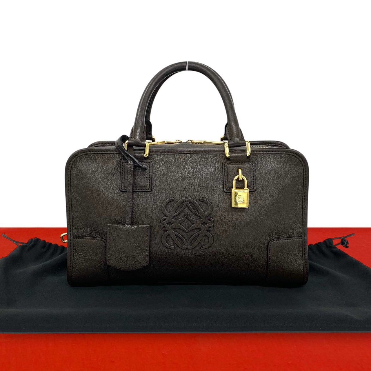 極 美品 希少品 袋付 LOEWE ロエベ アマソナ 28 アナグラム ロゴ レザー 本革 ハンドバッグ ミニ ボストンバッグ ブラウン 79786 93,720円