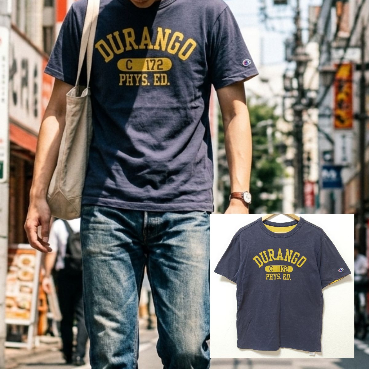 80s ビンテージ トリコタグ◎【Champion】チャンピオン Tシャツ 半袖 トップス クルーネック ダブルフェイス リバーシブル ロゴ刺繍 オールドアイテム アメカジ王道スタイル 古着コーデ 男女 ネイビー×イエロー メンズ L /M50406ji