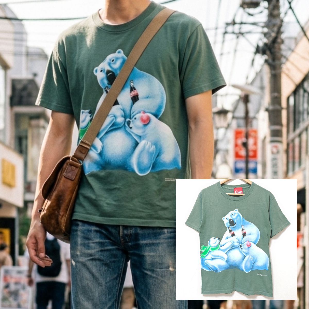MADE IN USA アメリカ製 90s ビンテージ オールドアイテム◎【Coca Cola】 コカコーラ Tシャツ 半袖 トップス アメカジ 古着コーデ 95年 コピーライト 定番ロゴ フェード感 ゆるダボ グリーンカーキ メンズ M /M50407ji