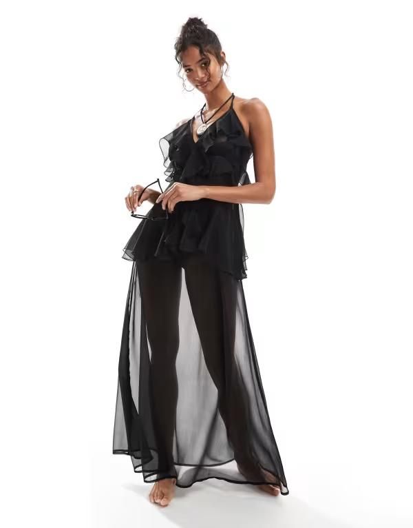 ミスセルフフリッジ レディース トップス ワンピース シフォン マキシワンピース フリル マキシ Miss Selfridge beach ruffle chiffon maxi dress Blac