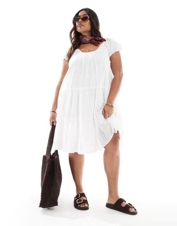 オンリーカーブ レディース トップス ワンピース ティアード ミディワンピース ミディ ONLY Curve scoop neck tiered boho midi dress WHITE ホワイト