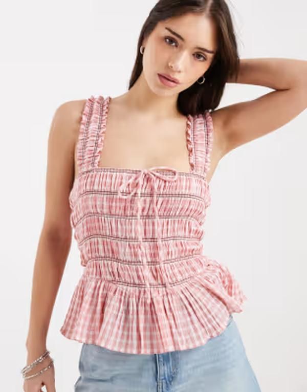 エイソス レディース トップス シャツ ギンガムチェック ギンガム ASOS DESIGN shirred channel detailing wide strap cami top in gingh