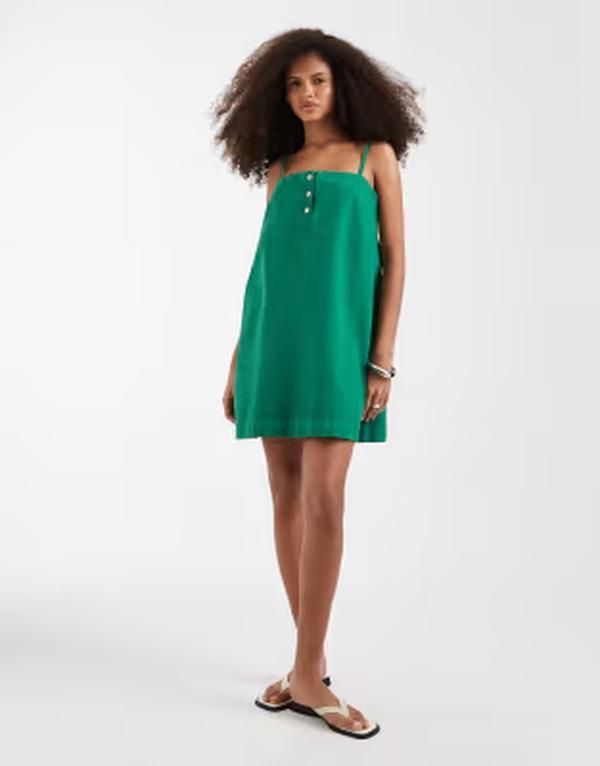 エイソス レディース トップス ワンピース ミニ デニム ASOS DESIGN denim camini dress with button detail GREEN グリーン