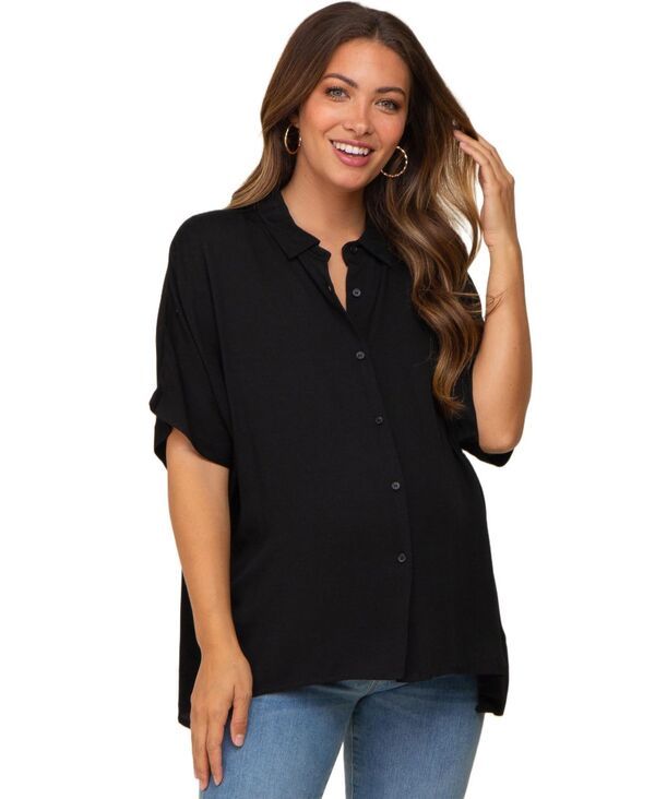 ピンクブラッシュ レディース トップス シャツ マタニティ Pinkblush Maternity White Button Up Dolman Short Sleeve Top Black ブラック