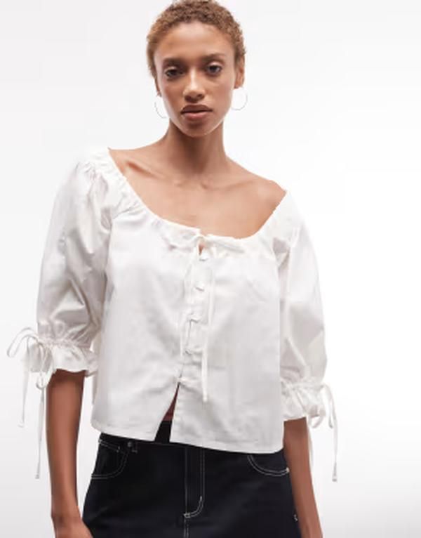 コルージョン レディース トップス シャツ ブラウス COLLUSION smock tie neck blouse WHITE ホワイト