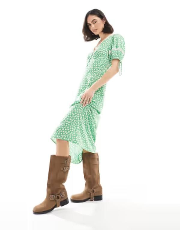 ウェンズデーガール レディース トップス ワンピース プリント レース Wednesdays Girl ditsy print lace detail midaxi tea dress GREEN グ