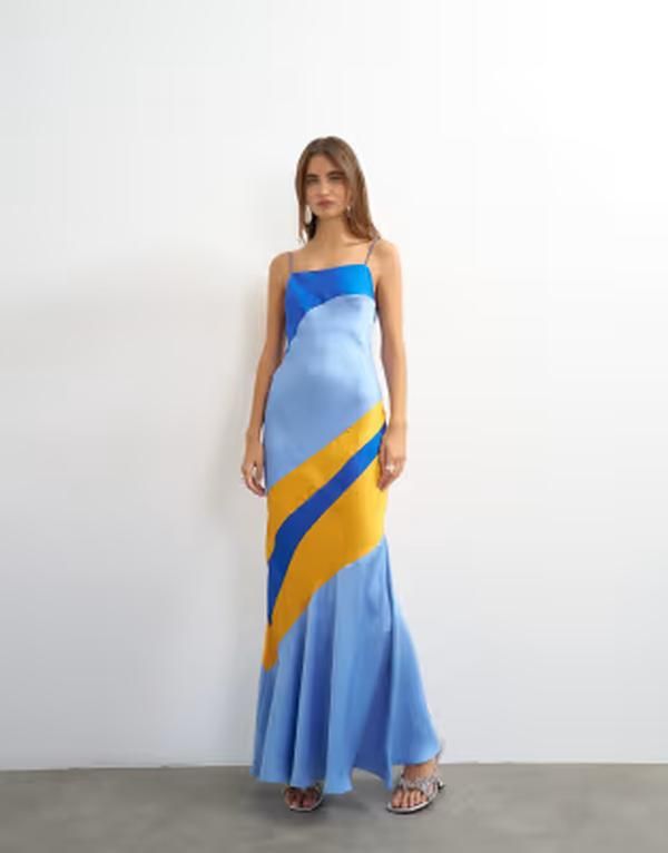 トップショップ レディース トップス ワンピース サテン コントラスト マキシ Topshop contrast cut about satin maxi dress and orange Blue