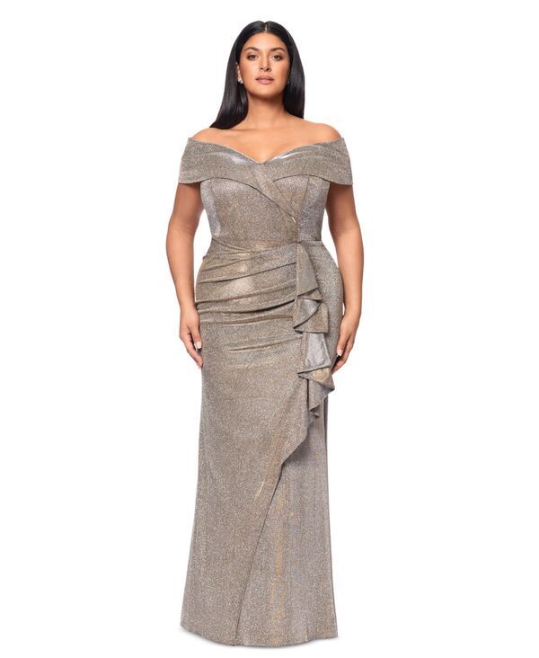 エスケープ レディース トップス ワンピース フリル XSCAPE Womens OffTheShoulderuffled Glitter Gown Sand サンド
