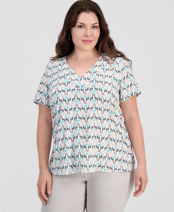 ジェイエムコレクション レディース トップス シャツ Vネック プリント JM Collection Womens Printed Short Sleeve VNeck Jacquard Top Br