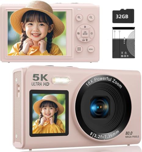 デジカメ5K スマホに送れる デジタルカメラ WIFI転送機能 8000万画素 デュアルスクリーン 32GBマイクロSDカード付き 自撮り18Xデジタルズーム前 2.8インチ 後ろ1.5インチIPSスクリーン AFオートフォーカス 充電式YouTubeカpms