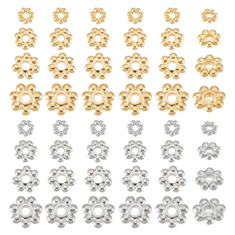 신제품 UNICRAFTALE 80pcs 8 스타일 3/4/5/6/8mm 스테인리스 스틸 스페이서 비드 세트 메탈 플라워 셰이프 스페이서 캡 비드 캡 하프 라운드 비드 캡 쥬얼리 메이킹