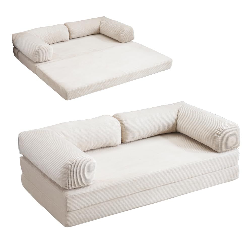 ソファーベッド ソファー 2人掛け フロアソファー 幅180cm ベージュ | ローソファー 沙?床 sofa bed 組立て不要 圧縮梱包 高反発ウレタン 25D密度 150N支持力クッション付き コンパクト 昼寝 来客対応 ゲームルーム ホームシアタpms
