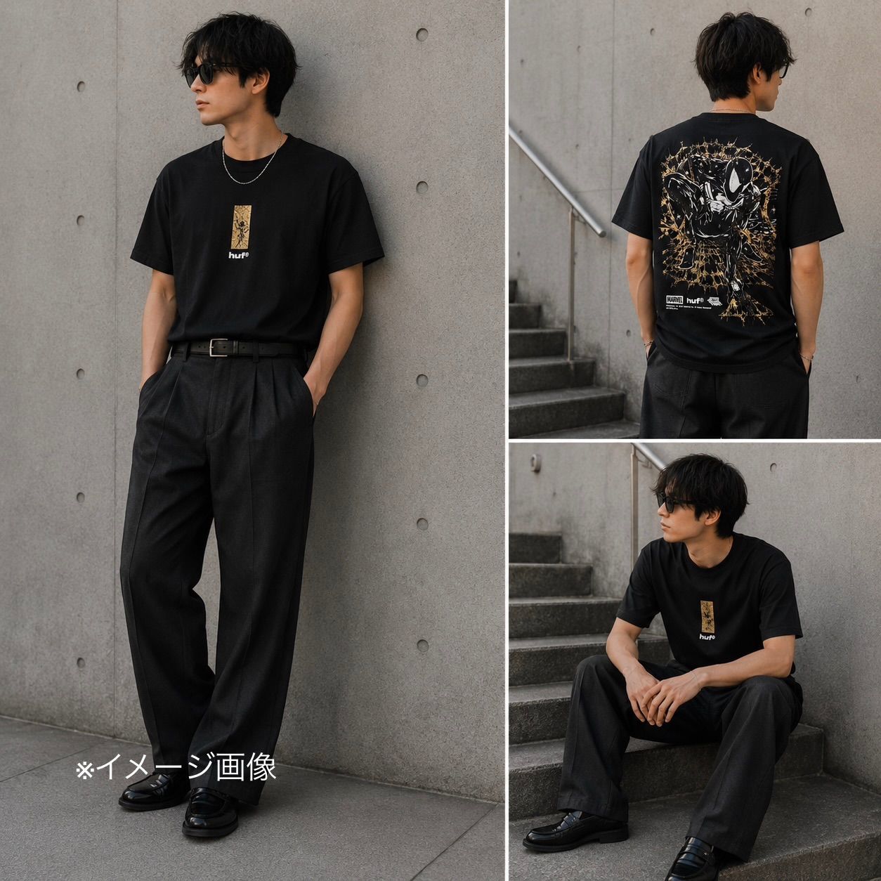 SR004【新品未使用】HUF MARVEL コラボ Tシャツ Lサイズ ハフ スパイダーマン 半袖 ブラック
