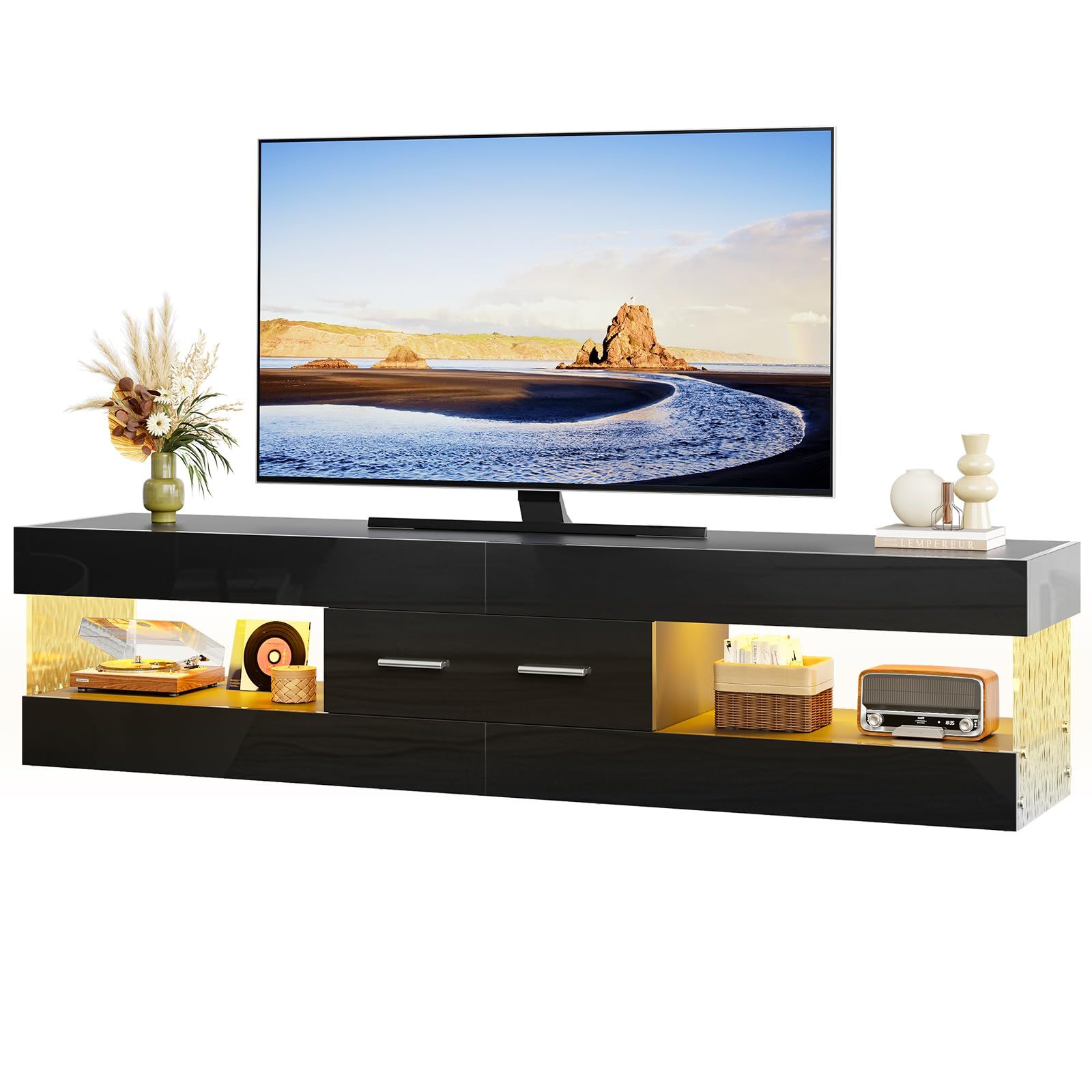 Bestier テレビ台 テレビボード ローボード 幅170×奥行き35×高さ40.4cm 50/55/65/75型対応 引き出し付き 収納棚付き 鏡面仕様 LEDライト付 AV機器収納対応 モダン おしゃれ ブラック 3e43c4ee