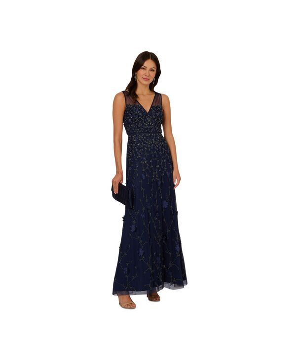 アドリアナ パペル レディース トップス ワンピース Vネック ノースリーブ Adrianna Papell Womens VNeck Beaded Sleeveless Gown Light Nav