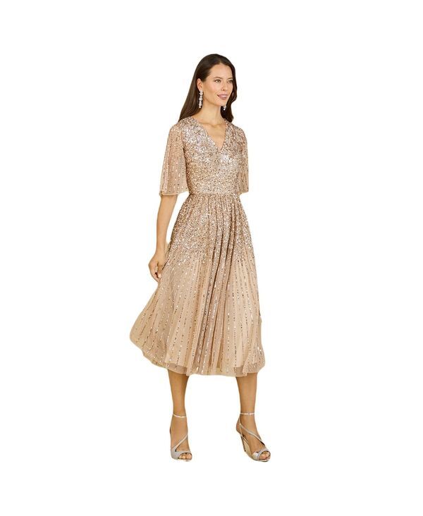 ララ レディース トップス ワンピース ミディ スパンコール Lara Womens Flowing Sequin Midi Dress with Short Sleeves Champagne シャ