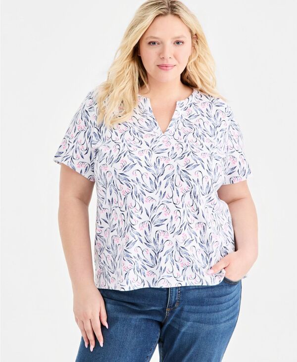 スタイルアンドコー レディース トップス シャツ プリント 半袖 Style Co Womens Printed ShortSleeve SplitNeck Top Bright White ホワイト