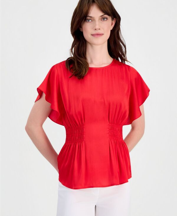 アンクライン レディース トップス シャツ シャーリング Anne Klein Womens FlutterSleeve SmockedWaistop Begonia Red レッド