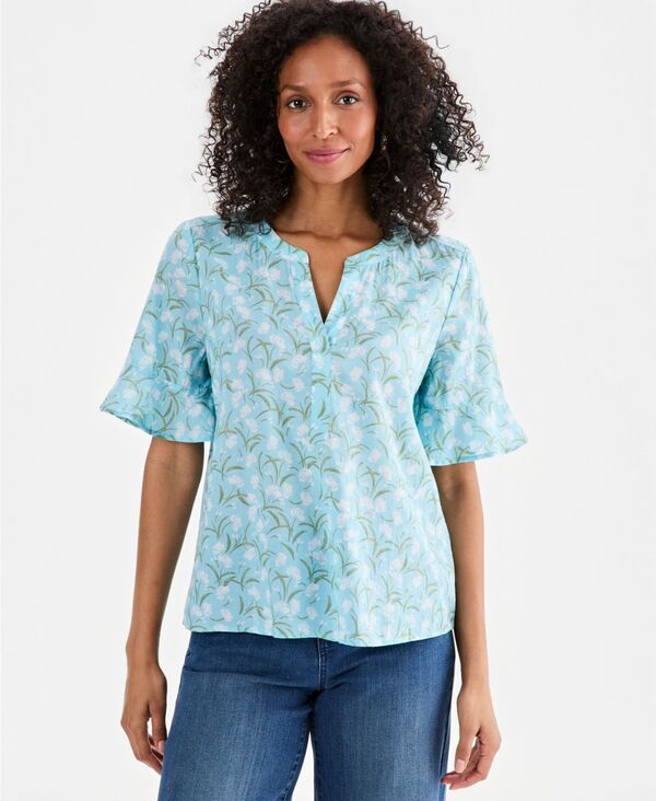 スタイルアンドコー レディース トップス シャツ プリント コットン Style Co Womens Printed Cotton SplitNeck Popover Top Aqua Flower