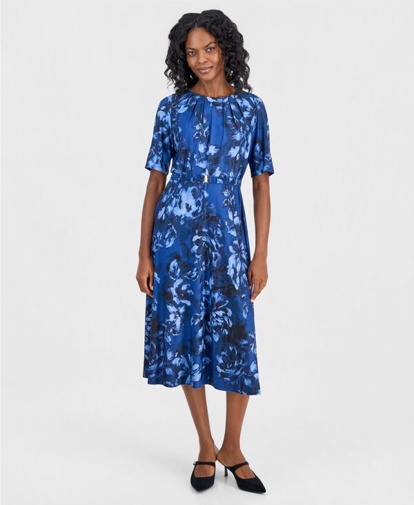 カスパール レディース トップス ワンピース 半袖 Kasper Womens PleatNeck Belted ShortSleeve Dress Blue Night Multi ブルー