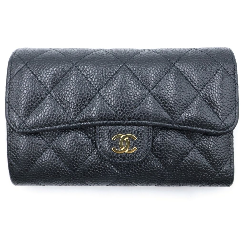 CHANEL (シャネル) マトラッセ 3つ折り財布 ウォレット キャビアスキン レザー ブラック 32番台 46,200円