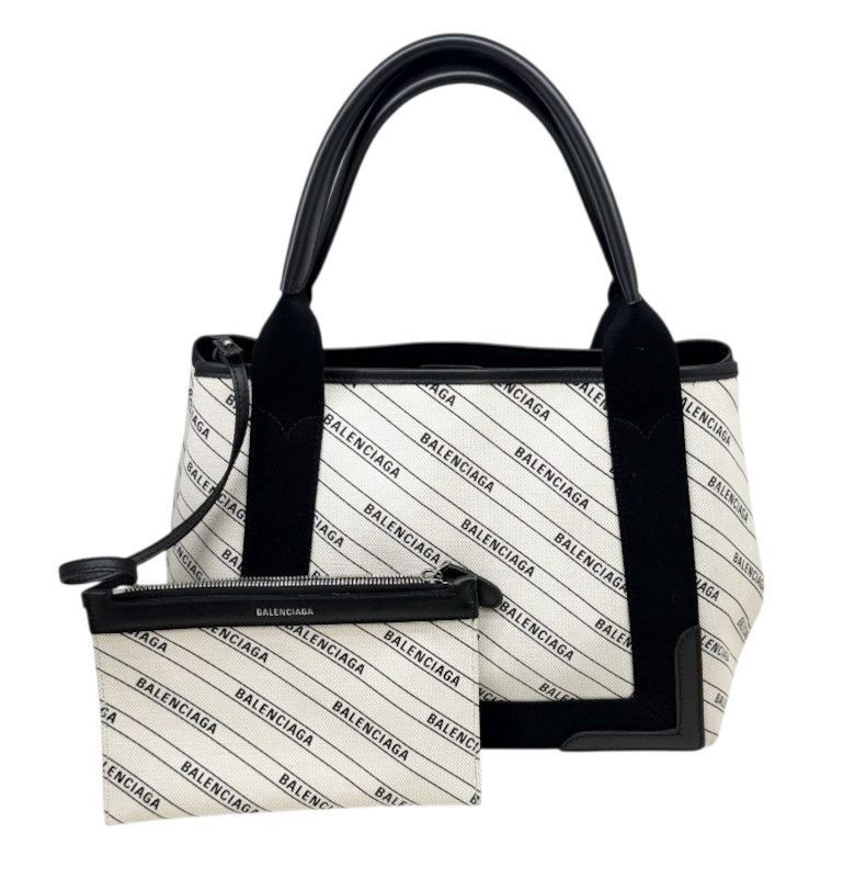 【中古】BALENCIAGA バレンシアガ ネイビーカバスS キャンバス アイボリー ブラック 339933 白 黒 ハンドバッグ ポーチ付き レザー レディース メンズ ユニセックス 【ブランドギャラリー東心斎橋店】 53,880円